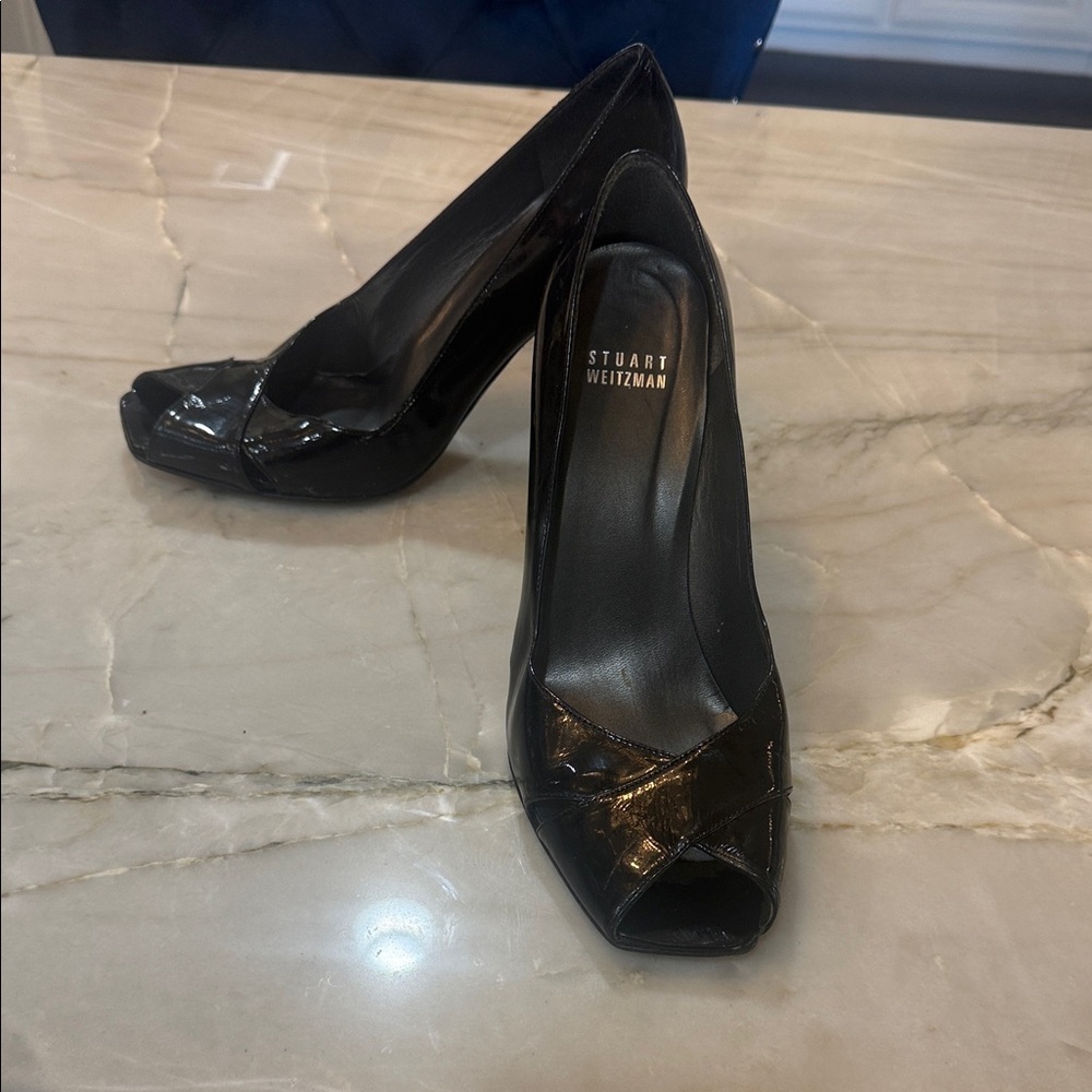 Stuart Weitzman Glossy Black Peep-Toe Heels